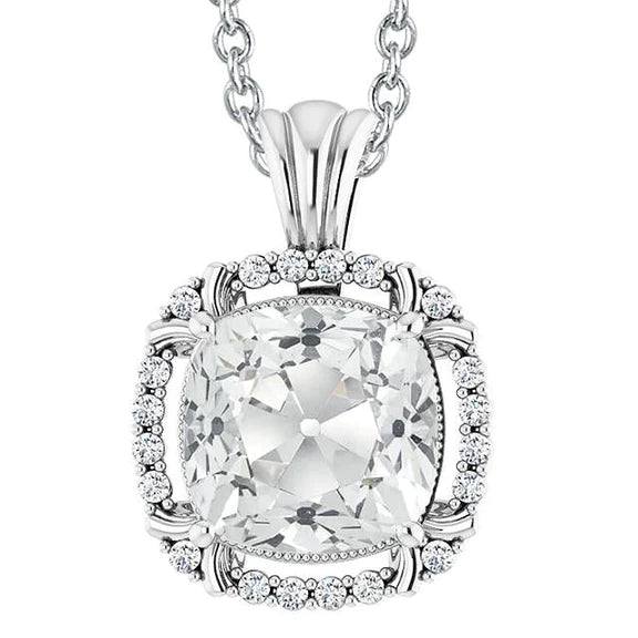 Big Halo Cushion Old European Real Diamond Pendant 7 Carats Slide With Bail