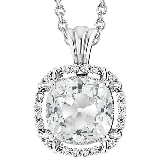 Big Halo Cushion Old European Real Diamond Pendant 7 Carats Slide With Bail