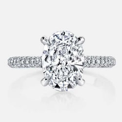 Big Oval Cut & Small Real Natural Earth Mined Diamond 4 Carats Solitaire Ring White Gold 14K