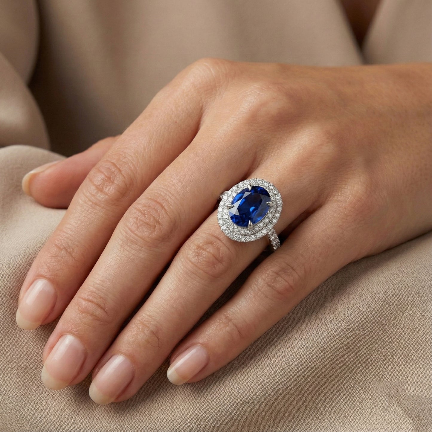 Big Oval Sri Lanka Blue Sapphire Natural Earth Mined Diamond ( Not Lab Grown ) Ring 4.55 Ct White Gold 14K