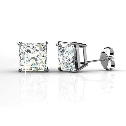 Big Princess Cut 5 Carats Genuine Diamonds Studs Earrings Gold White 14K