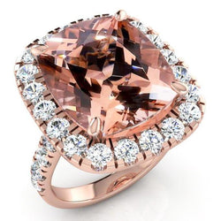 Big Cushion Morganite 12.50 Cts With Natural Earth Mined Diamonds Ring Rose Gold 14K