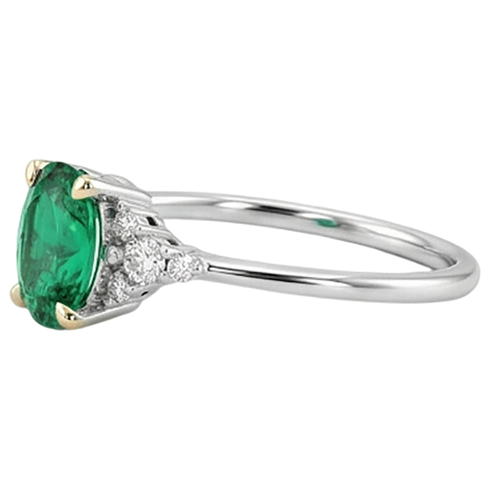 Authentic Fine Emerald Precious Stone Ring 2 ct 14 Karat Two Tone Gold – profile view
