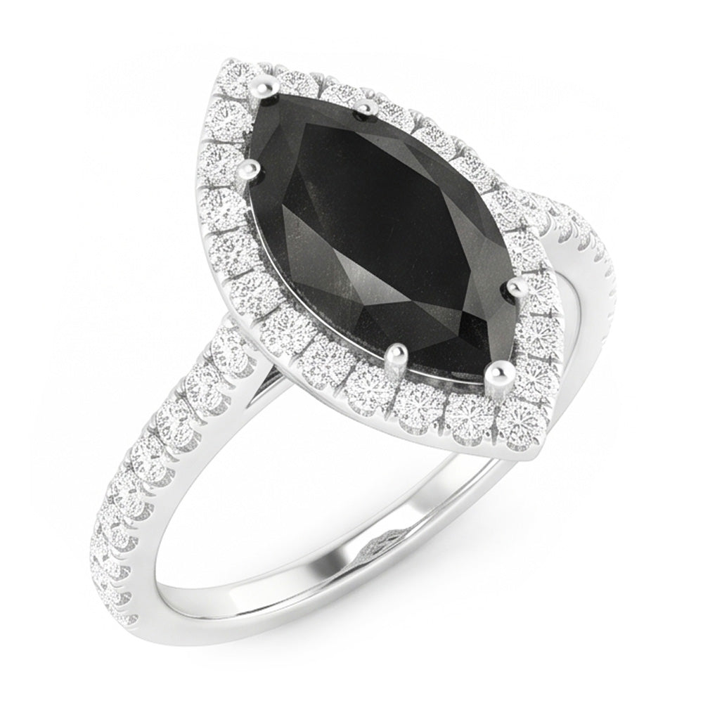 Black Diamond Jewellery 6 Carat Genuine Marquise Halo Ring 14K White Gold