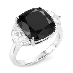 Black Diamond Proposal Ring 4.6 Carat Natural Cushion Half Moon Three Stone 14K White Gold
