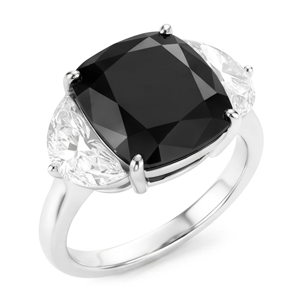 Black Diamond Proposal Ring 4.6 Carat Natural Cushion Half Moon Three Stone 14K White Gold