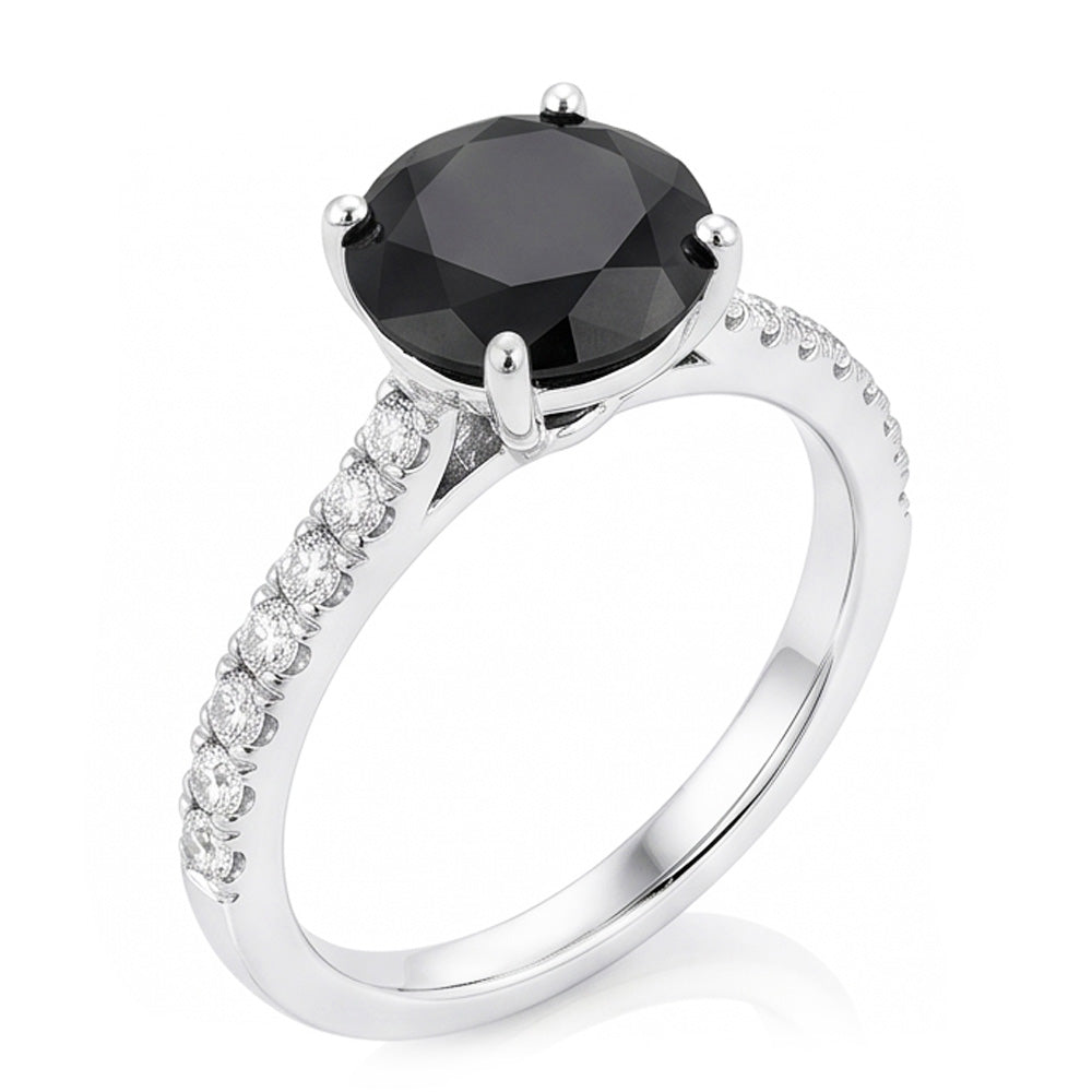 Black Diamond Proposal Ring 5 Carat Natural Round Pave Solitaire 14K White Gold