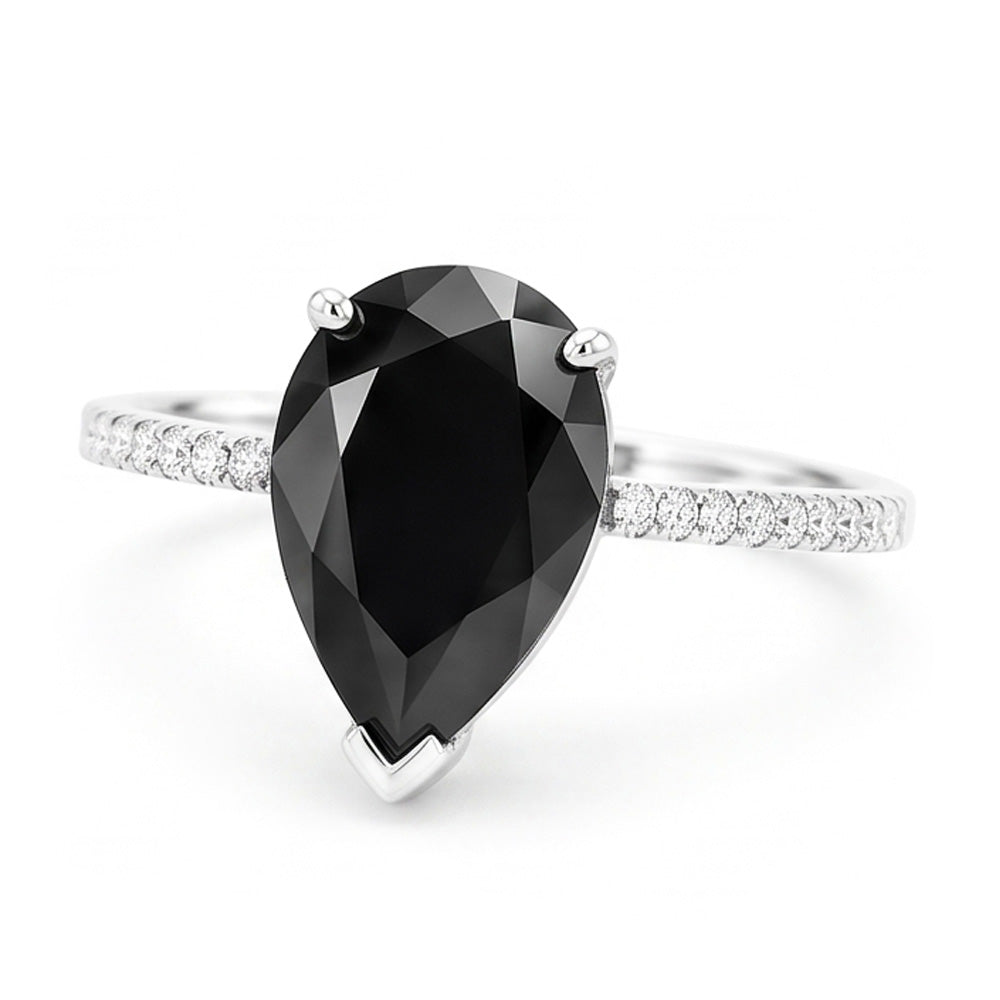 Black Diamond Ring 5 Carat Natural Pear Pave Solitaire 14K White Gold