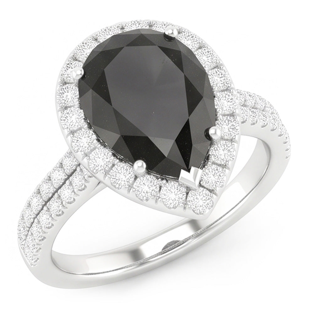 Black Diamond Ring 6 Carat Natural Pear Halo 14K White Gold