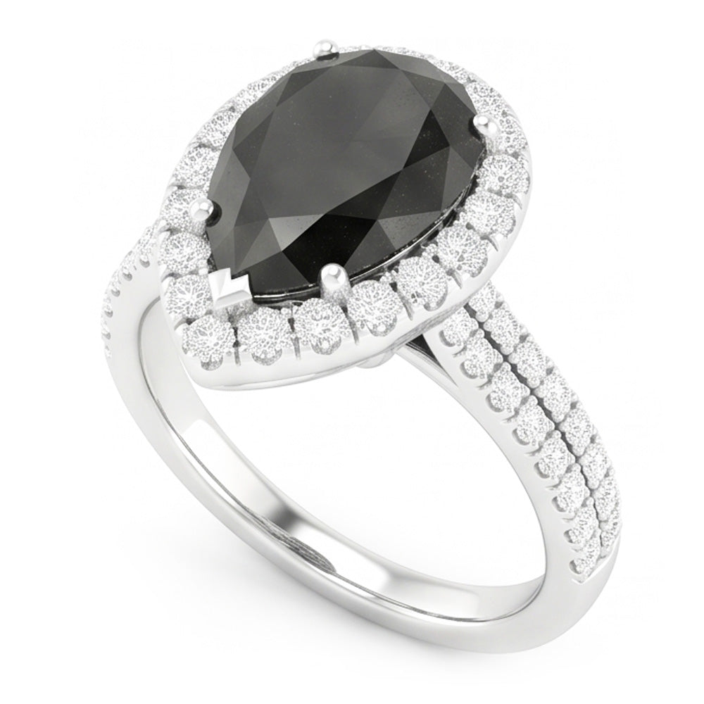 Black Diamond Ring 6 Carat Natural Pear Halo 14K White Gold