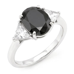 Black Engagement Ring Women 3.6 Carat Natural Oval Diamond Trilliant Three Stone 14K White Gold