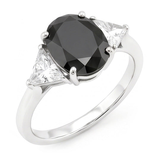 Black Engagement Ring Women 3.6 Carat Natural Oval Diamond Trilliant Three Stone 14K White Gold