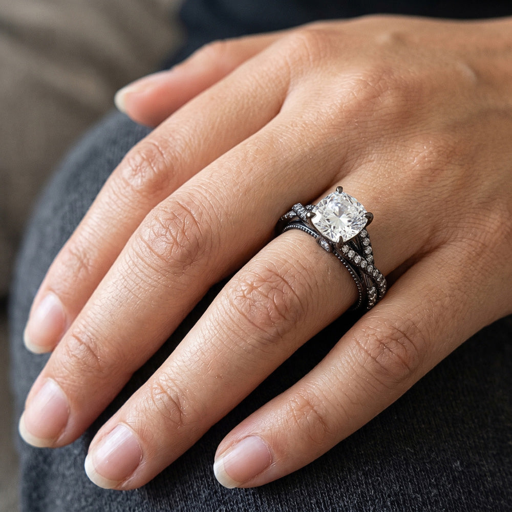 Black Gold Real Cushion Natural Earth Mined Diamond ( Not Lab Grown ) Womens Ring With Accents