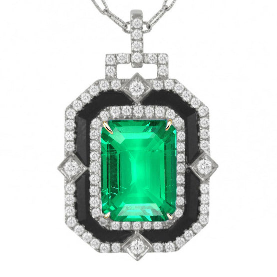 Fine Emerald Step Cut Precious Stone Pendant in 14 Karat White Gold – main view