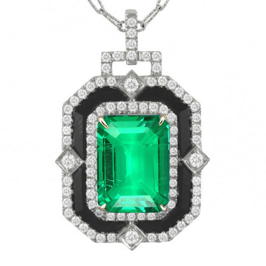 Fine Emerald Step Cut Precious Stone Pendant in 14 Karat White Gold – main view