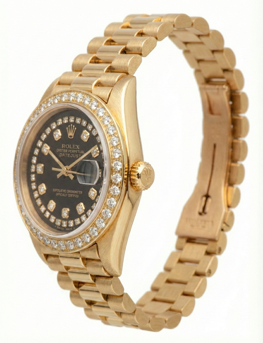 Black String Diamond Dial Rolex Presidente Watch Dj Diamond Bezel