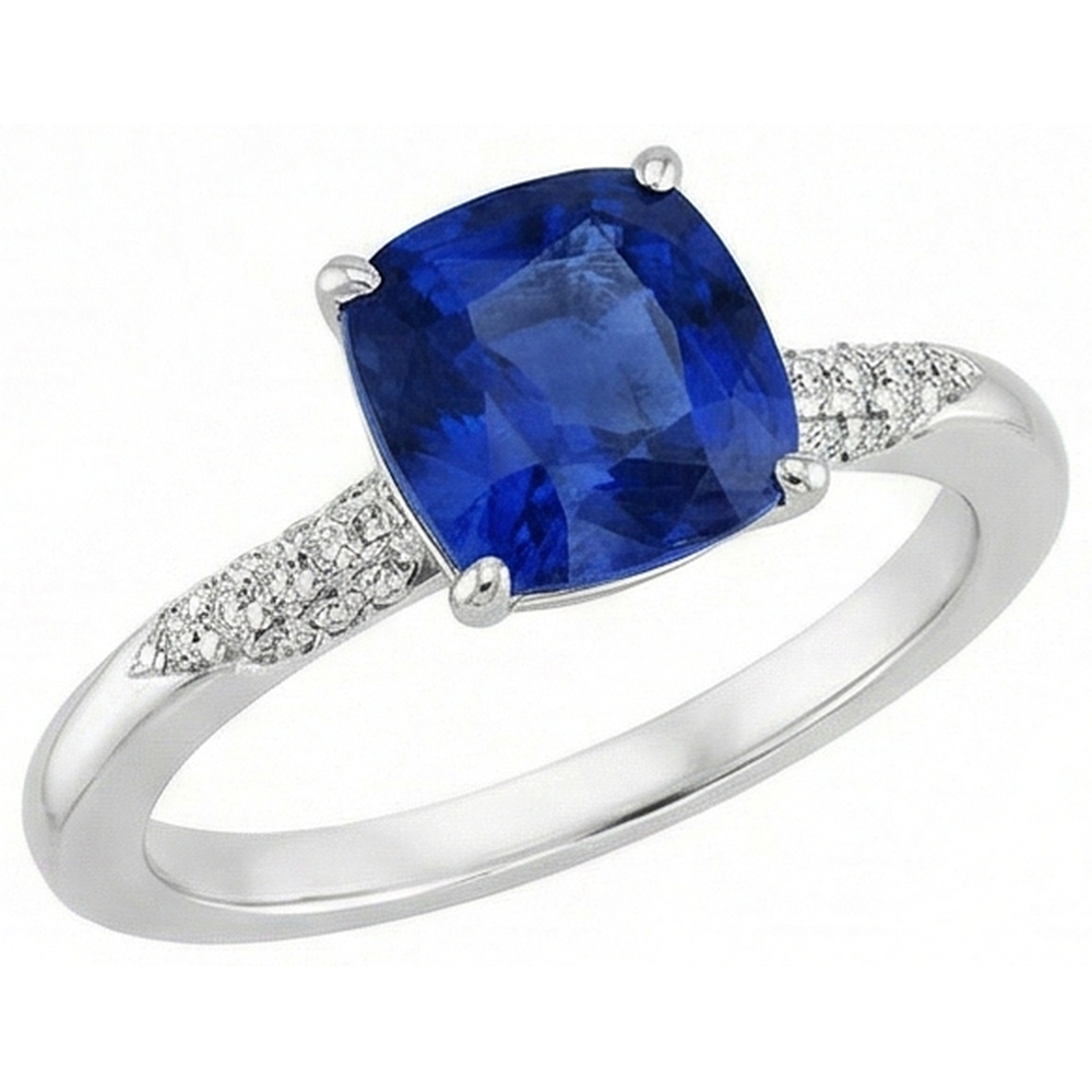 Blue Cushion Cut Sapphire And Natural Earth Mined Diamond ( Not Lab Grown ) Wedding Ring Gold 14K 2 Ct.