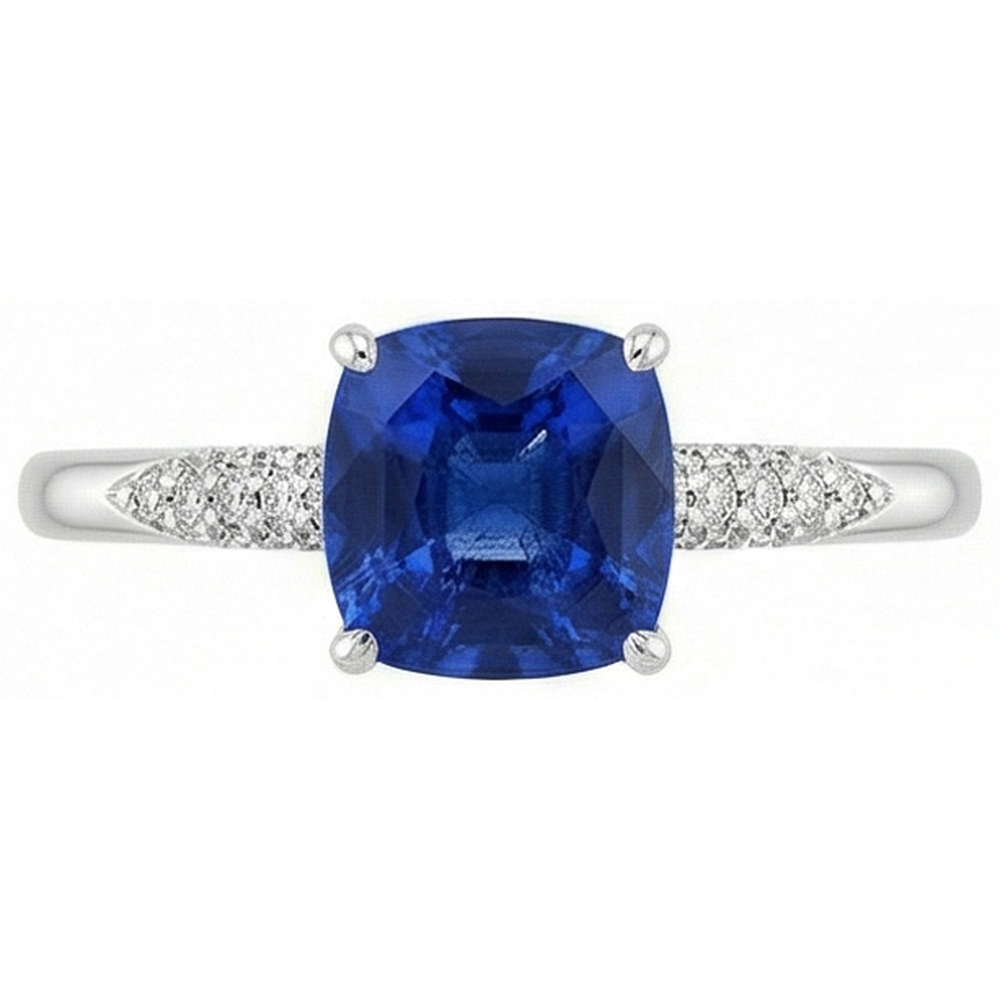 Blue Cushion Cut Sapphire And Natural Earth Mined Diamond ( Not Lab Grown ) Wedding Ring Gold 14K 2 Ct.