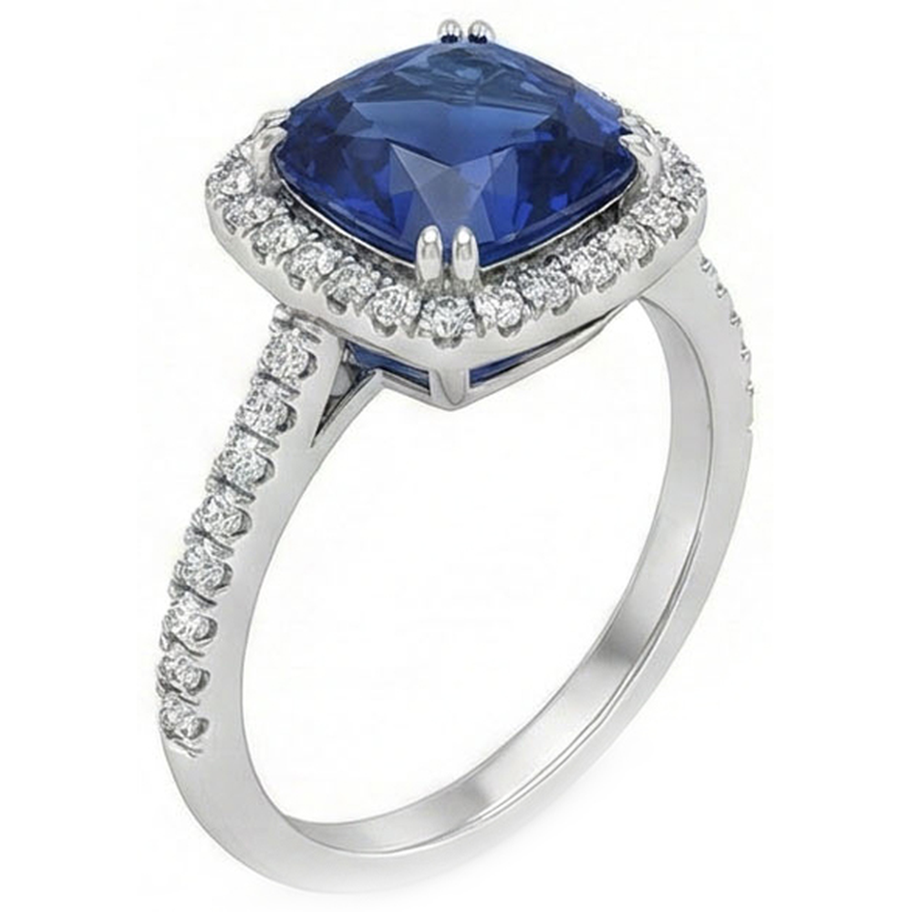Blue Cushion Cut Sapphire Halo Natural Earth Mined Diamond Wedding Ring 3.5 Ct Gold 14K