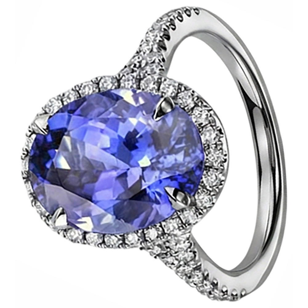 Blue Oval Cut Tanzanite And Natural Earth Mined Diamond ( Not Lab Grown ) Ring 6.50 Carats White Gold 14K