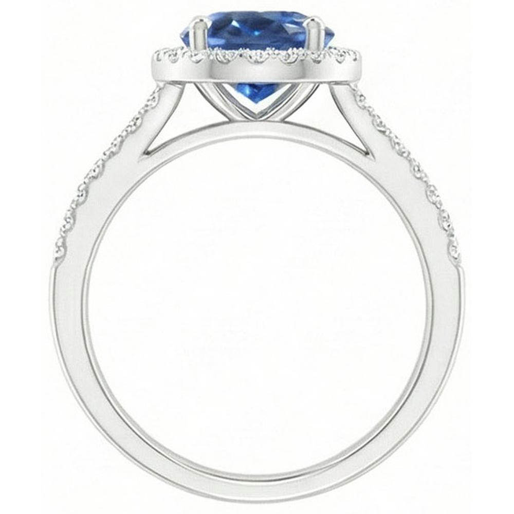 Blue Oval Sapphire Ring With Accents Natural Earth Mined Diamond ( Not Lab Grown ) White Gold 14K 3.50 Ct