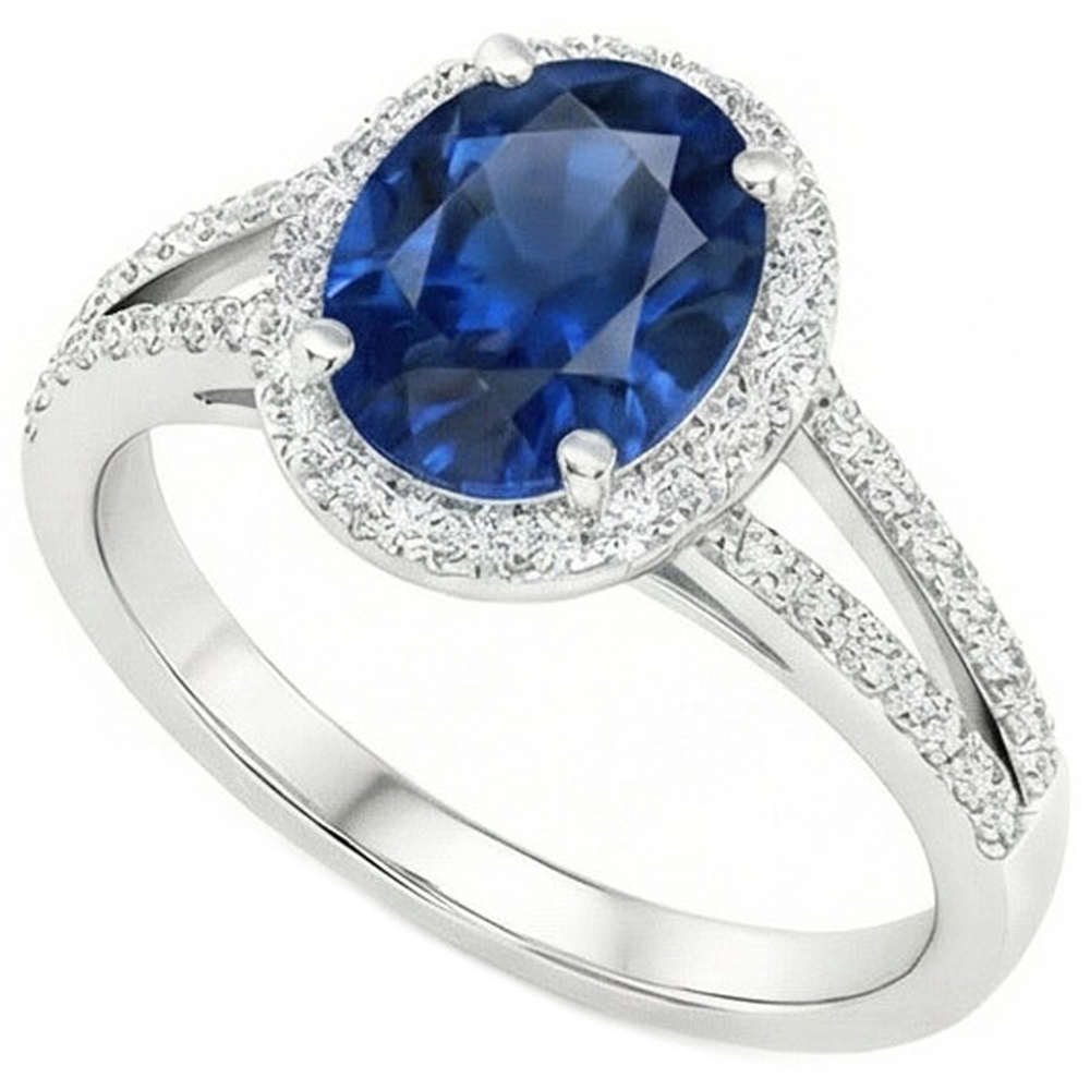 Blue Oval Sapphire Ring With Accents Natural Earth Mined Diamond ( Not Lab Grown ) White Gold 14K 3.50 Ct