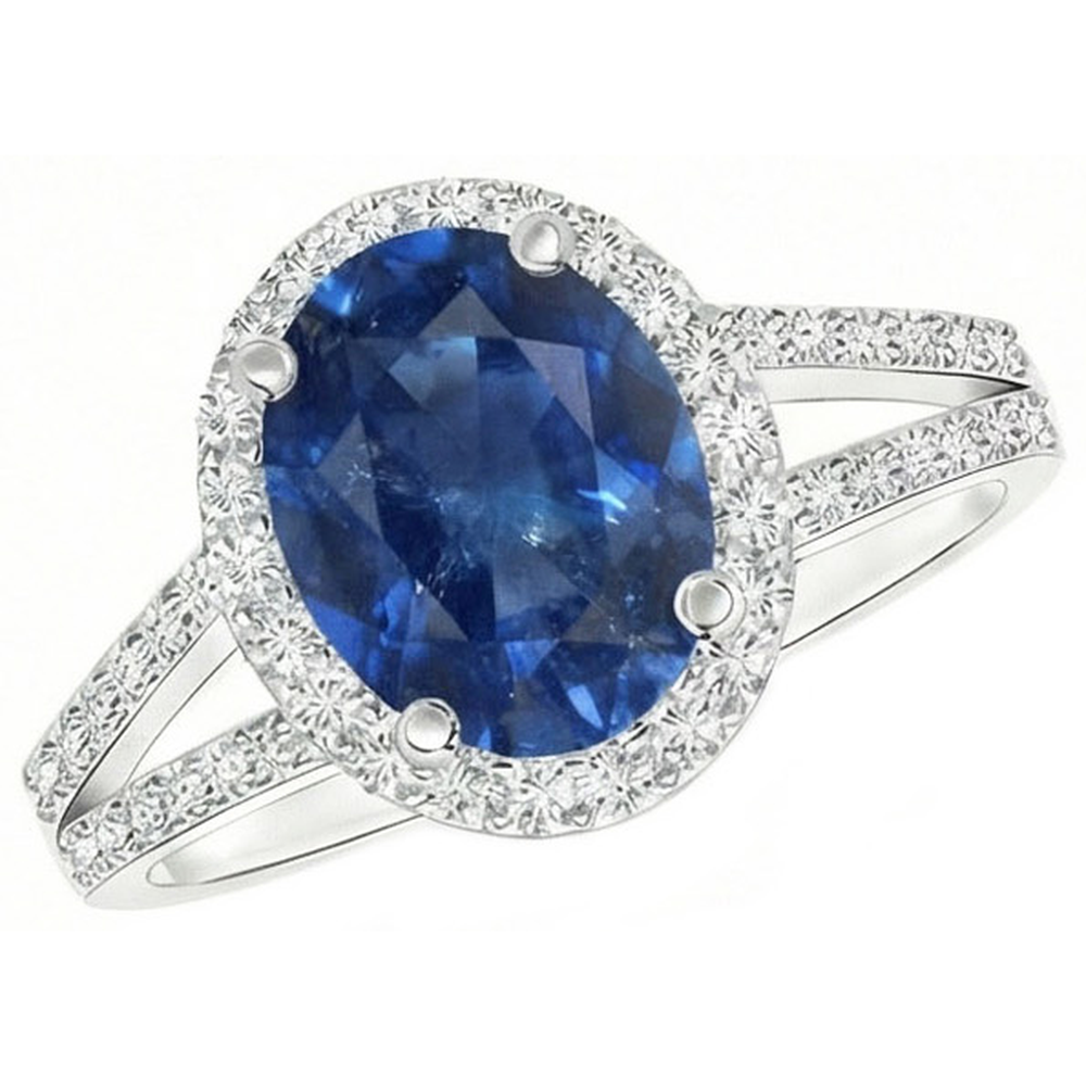 Blue Oval Sapphire Ring With Accents Natural Earth Mined Diamond ( Not Lab Grown ) White Gold 14K 3.50 Ct