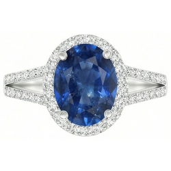 Blue Oval Sapphire Ring With Accents Natural Earth Mined Diamond ( Not Lab Grown ) White Gold 14K 3.50 Ct
