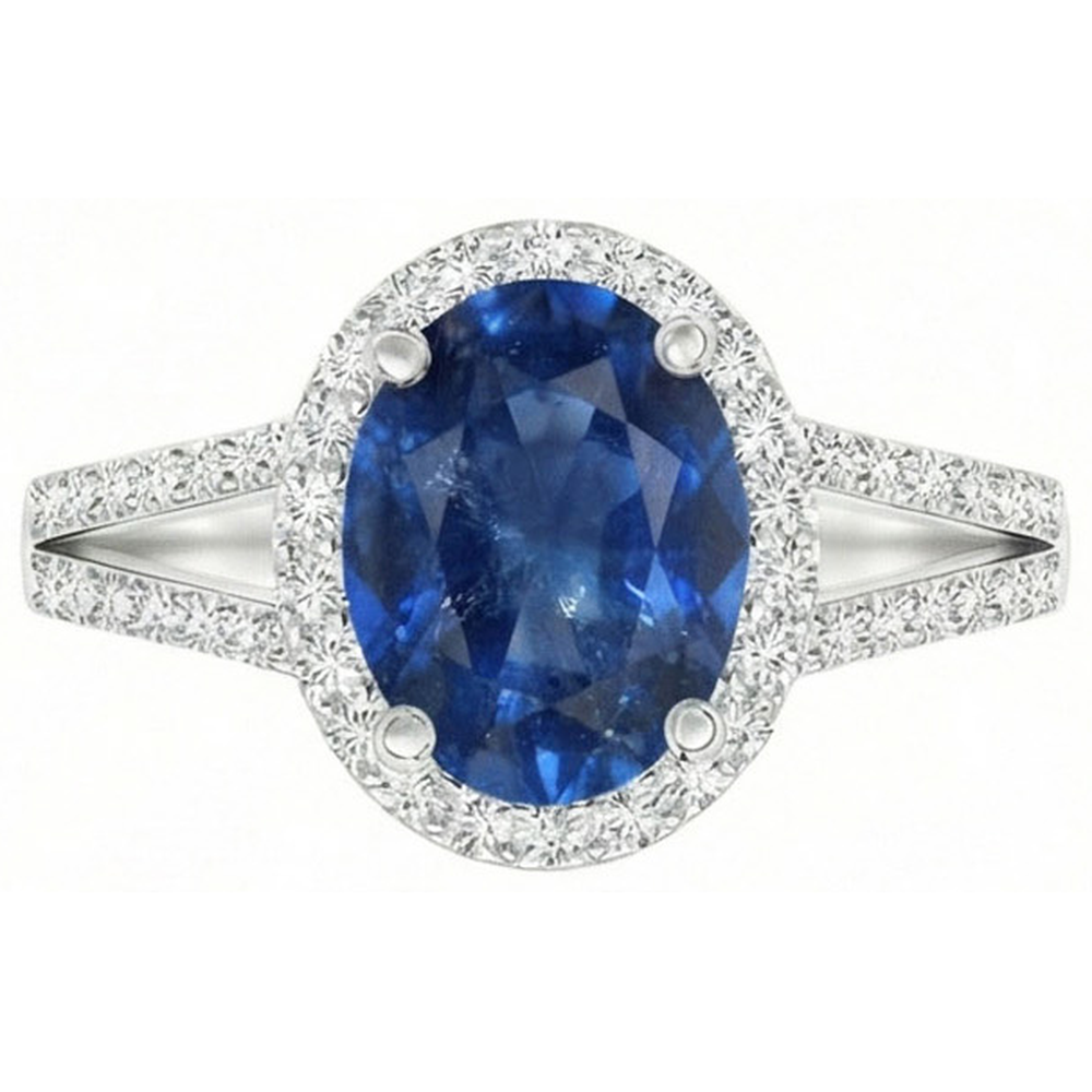 Blue Oval Sapphire Ring With Accents Natural Earth Mined Diamond ( Not Lab Grown ) White Gold 14K 3.50 Ct