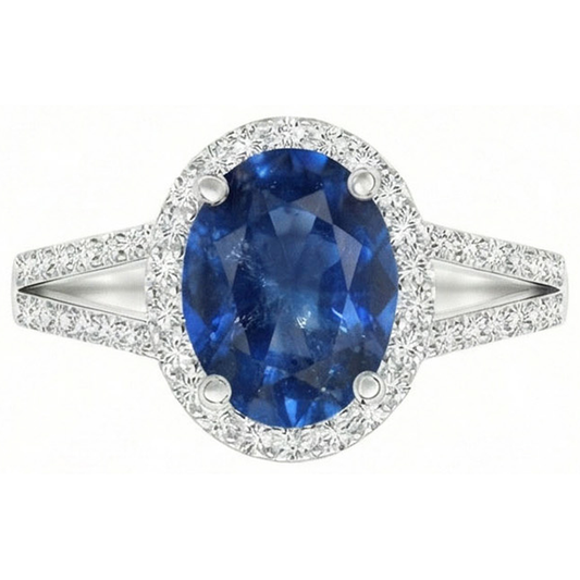 Blue Oval Sapphire Ring With Accents Natural Earth Mined Diamond ( Not Lab Grown ) White Gold 14K 3.50 Ct