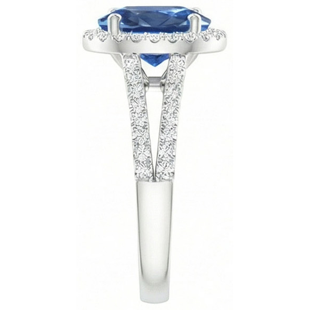 Blue Oval Sapphire Ring With Accents Natural Earth Mined Diamond ( Not Lab Grown ) White Gold 14K 3.50 Ct