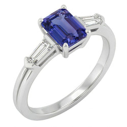 Blue Sapphire 3 Stone Emerald Ring With Baguette Natural Earth Mined Diamond ( Not Lab Grown )s 2.25 Carats