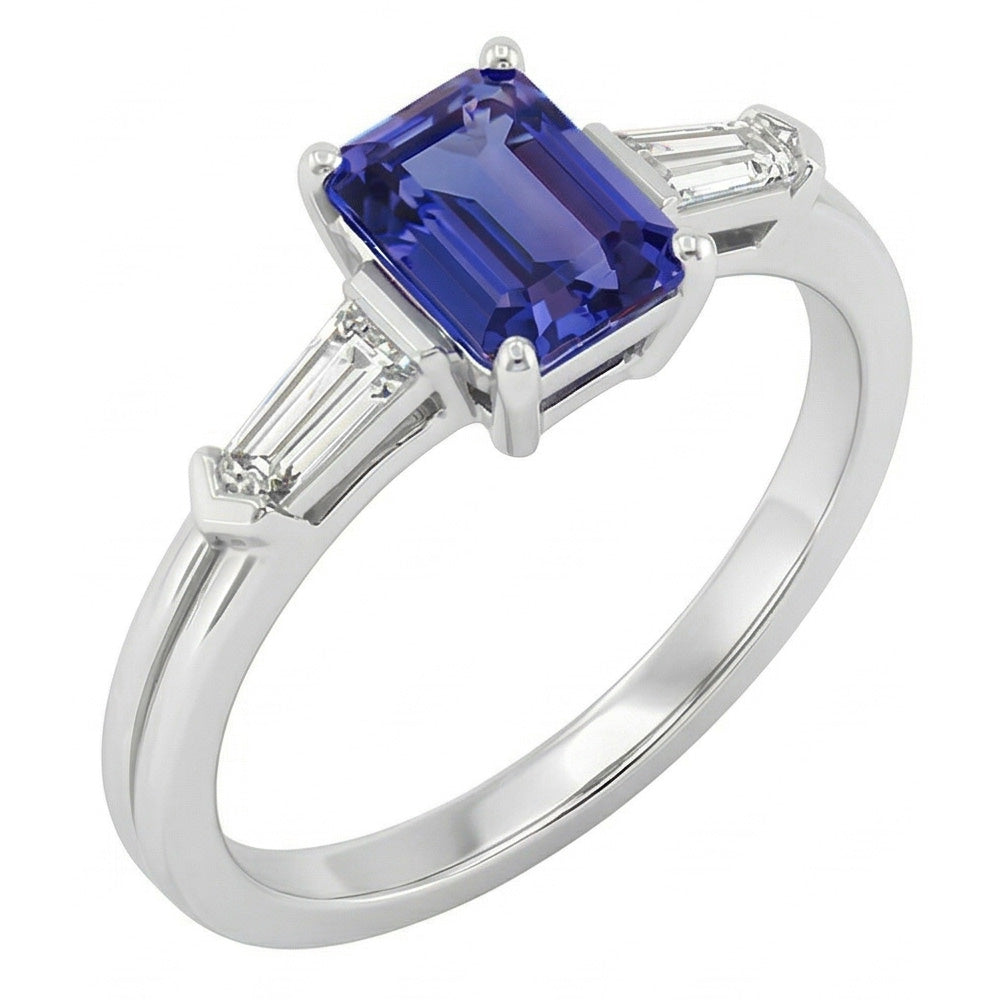 Blue Sapphire 3 Stone Emerald Ring With Baguette Natural Earth Mined Diamond ( Not Lab Grown )s 2.25 Carats