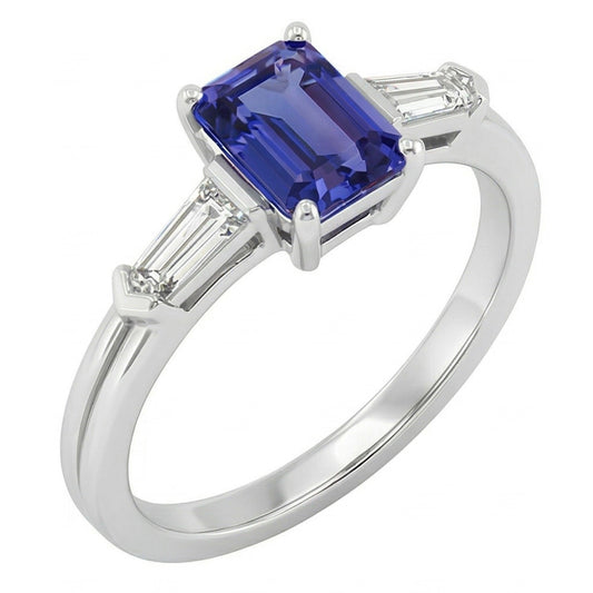 Blue Sapphire 3 Stone Emerald Ring With Baguette Natural Earth Mined Diamond ( Not Lab Grown )s 2.25 Carats