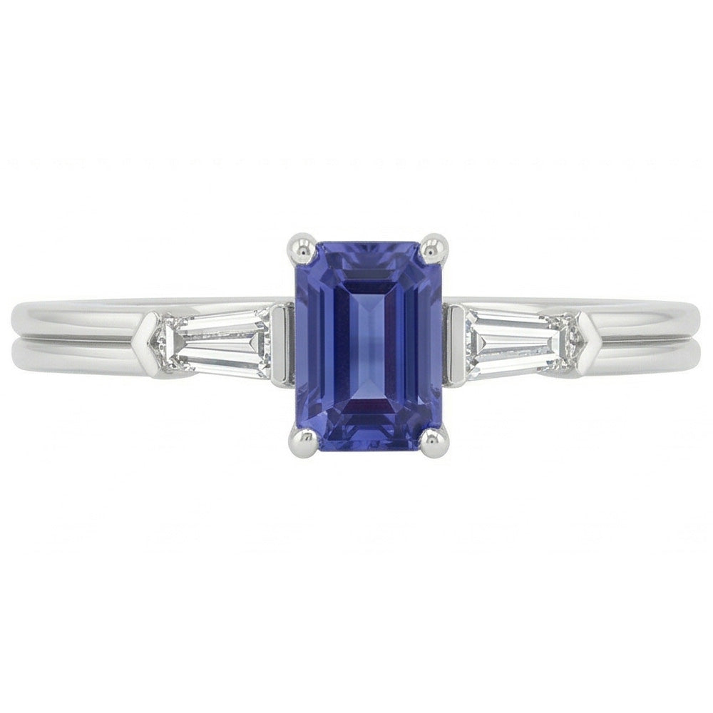 Blue Sapphire 3 Stone Emerald Ring With Baguette Natural Earth Mined Diamond ( Not Lab Grown )s 2.25 Carats