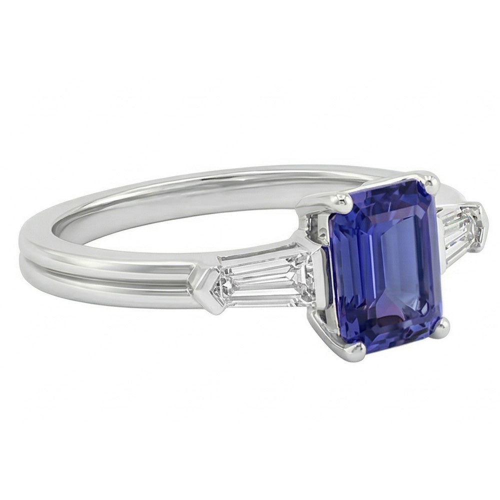 Blue Sapphire 3 Stone Emerald Ring With Baguette Natural Earth Mined Diamond ( Not Lab Grown )s 2.25 Carats