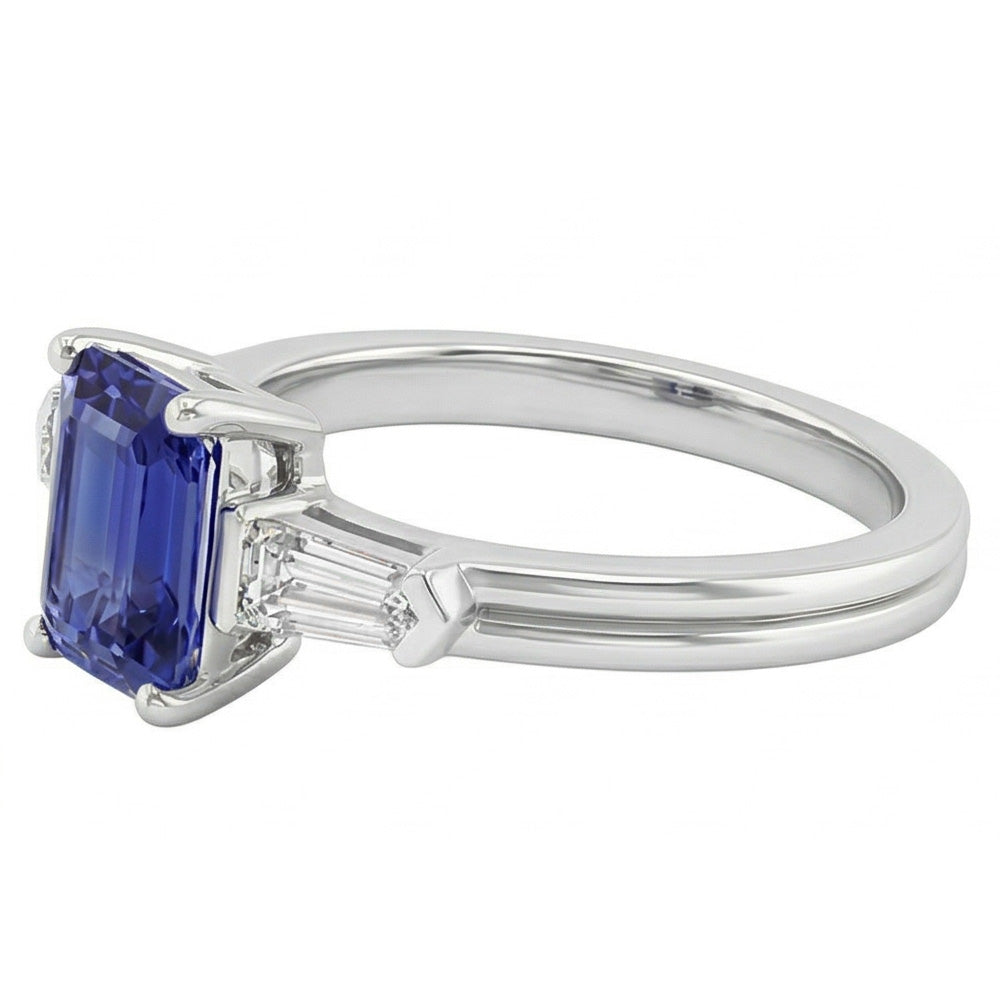 Blue Sapphire 3 Stone Emerald Ring With Baguette Natural Earth Mined Diamond ( Not Lab Grown )s 2.25 Carats