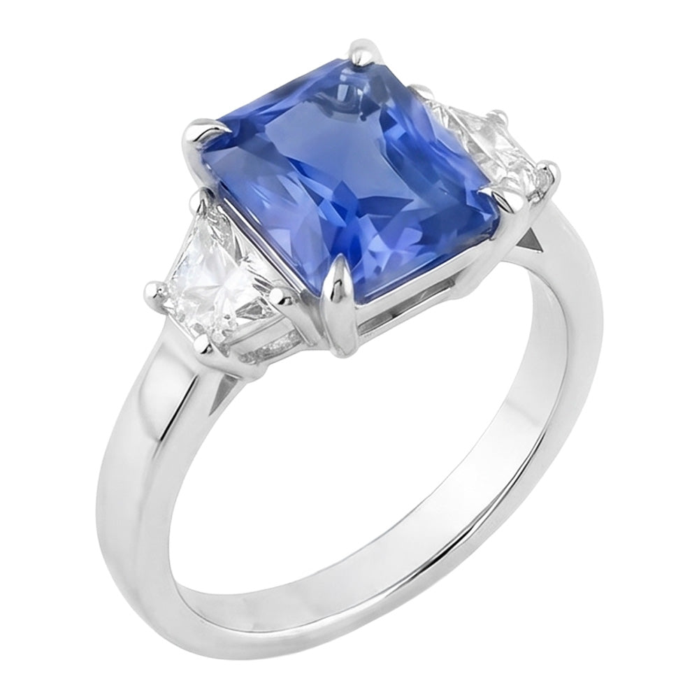 Blue Sapphire 3 Stone Ring Half Moon Natural Earth Mined Diamond ( Not Lab Grown )s Prong Set 3.50 Carats