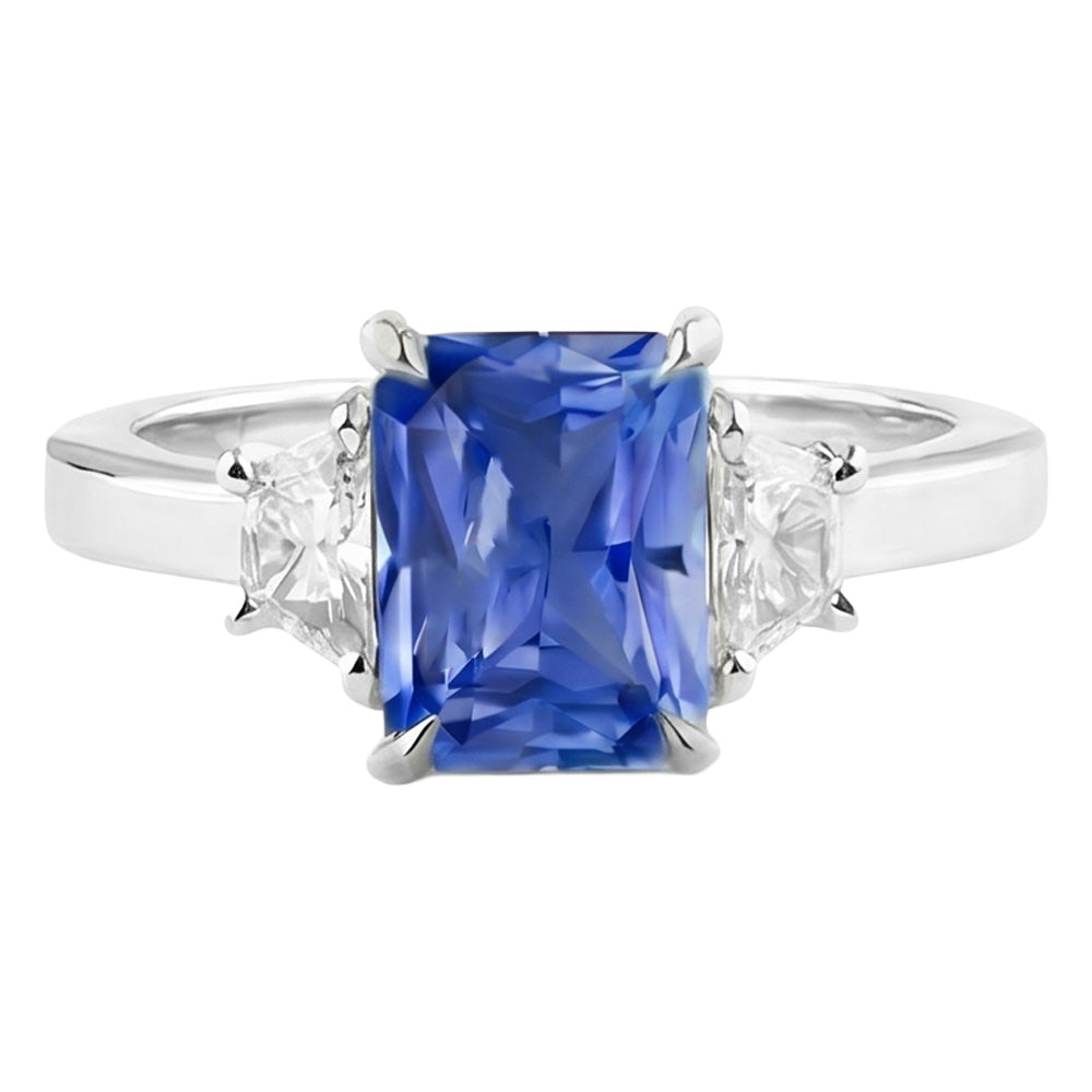 Blue Sapphire 3 Stone Ring Half Moon Natural Earth Mined Diamond ( Not Lab Grown )s Prong Set 3.50 Carats