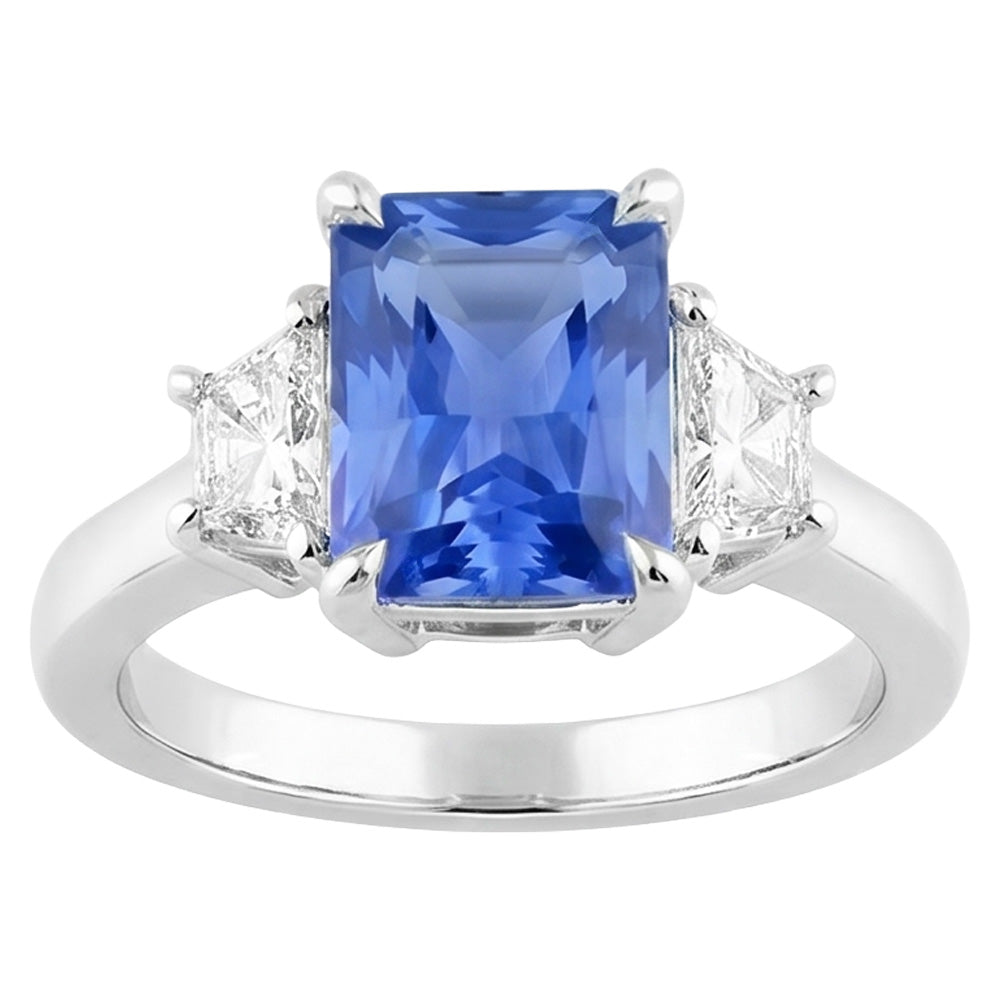 Blue Sapphire 3 Stone Ring Half Moon Natural Earth Mined Diamond ( Not Lab Grown )s Prong Set 3.50 Carats