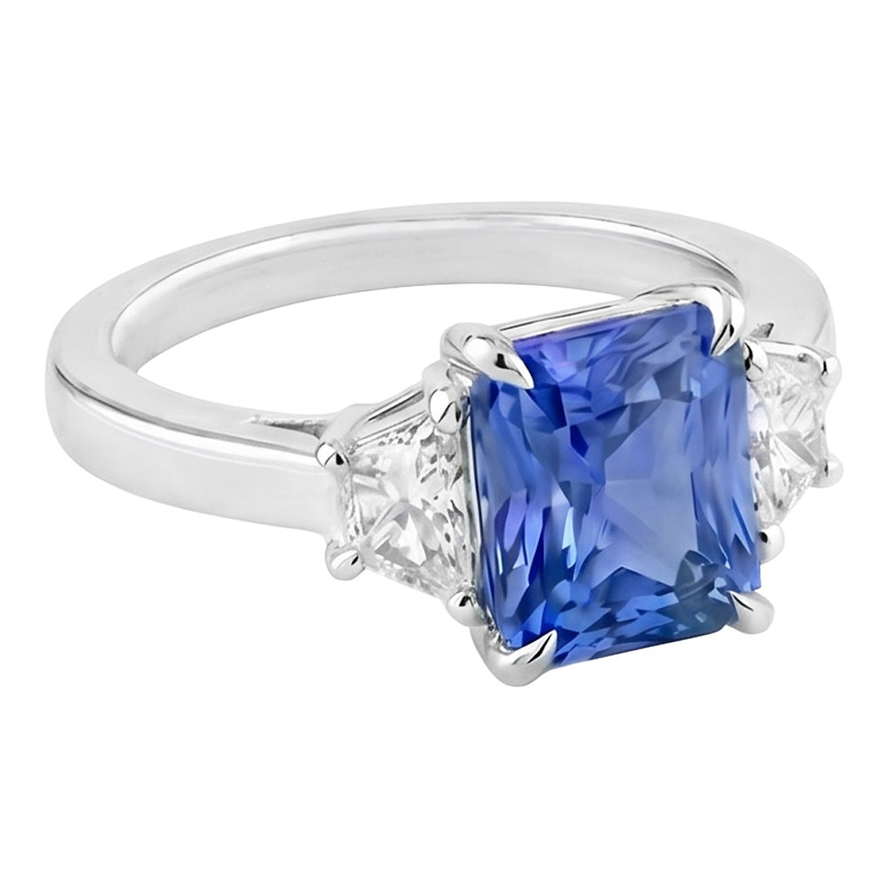 Blue Sapphire 3 Stone Ring Half Moon Natural Earth Mined Diamond ( Not Lab Grown )s Prong Set 3.50 Carats
