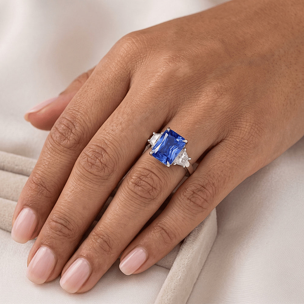 Blue Sapphire 3 Stone Ring Half Moon Natural Earth Mined Diamond ( Not Lab Grown )s Prong Set 3.50 Carats