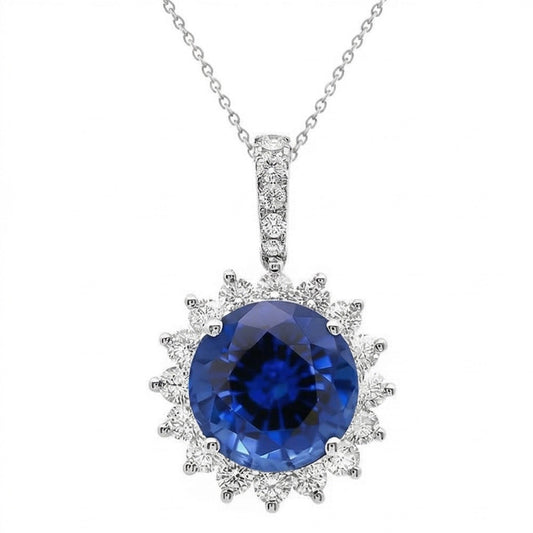 Blue Sapphire And IGI CERTIFIED Diamonds Pendant Necklace 8.40 Carats White Gold 14K