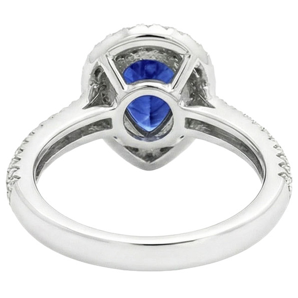 Blue Sapphire Center Pear Round Natural Earth Mined Diamond ( Not Lab Grown )  Ring 2.30 Carat White Gold 14K
