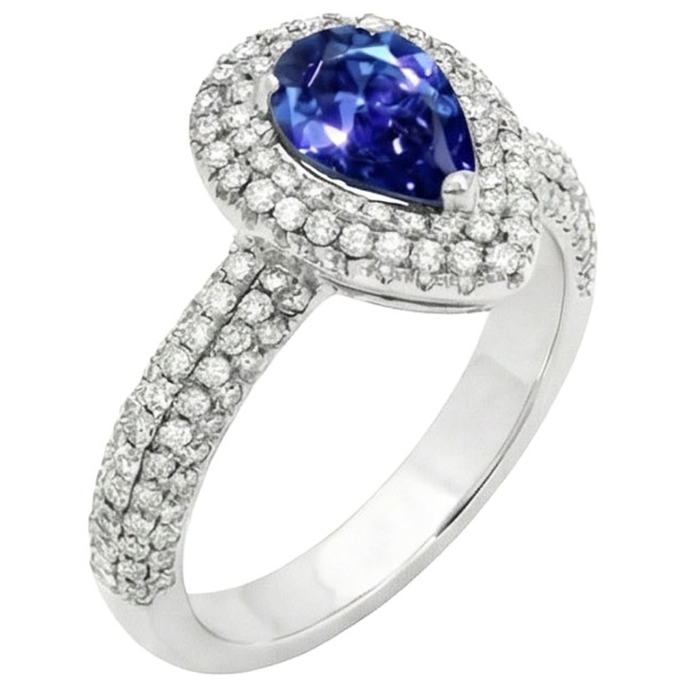 Blue Sapphire Center Pear Round Natural Earth Mined Diamond ( Not Lab Grown )  Ring 2.30 Carat White Gold 14K