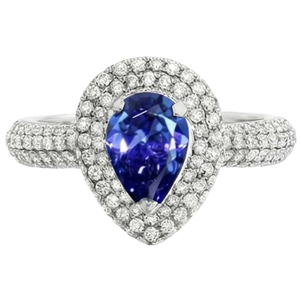 Blue Sapphire Center Pear Round Natural Earth Mined Diamond ( Not Lab Grown )  Ring 2.30 Carat White Gold 14K
