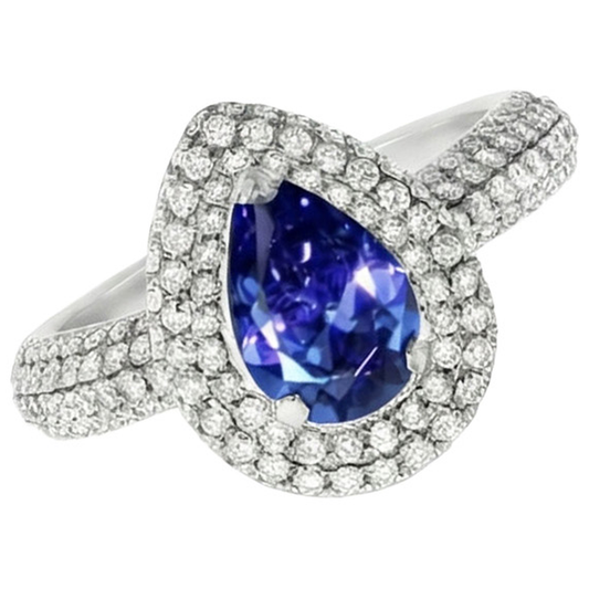 Blue Sapphire Center Pear Round Natural Earth Mined Diamond ( Not Lab Grown )  Ring 2.30 Carat White Gold 14K