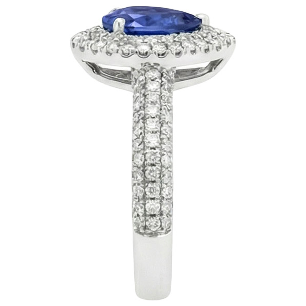 Blue Sapphire Center Pear Round Natural Earth Mined Diamond ( Not Lab Grown )  Ring 2.30 Carat White Gold 14K