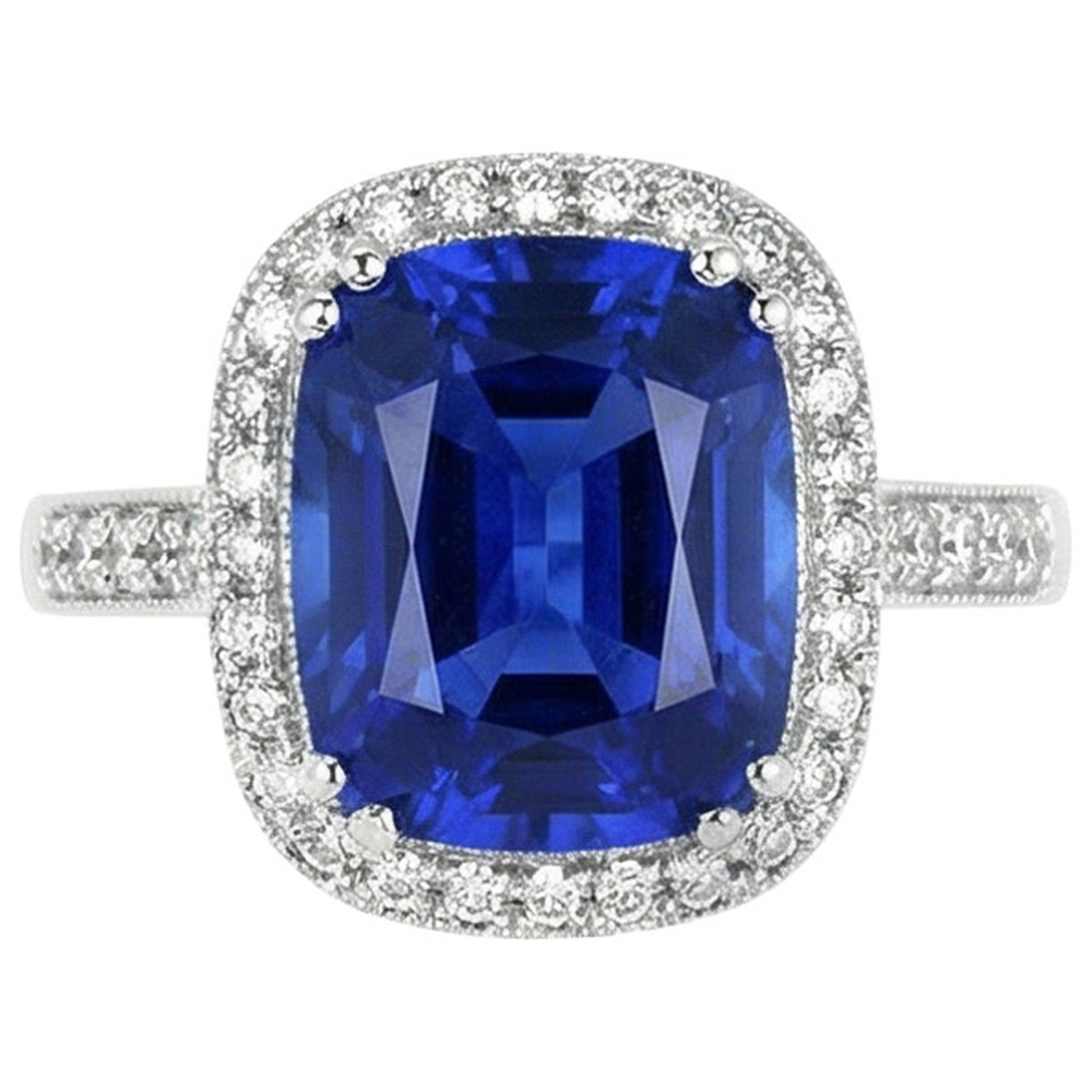 Blue Sapphire Cushion And Round Cut 4.55 Carat Natural Earth Mined Diamond ( Not Lab Grown ) s Ring WG 14K