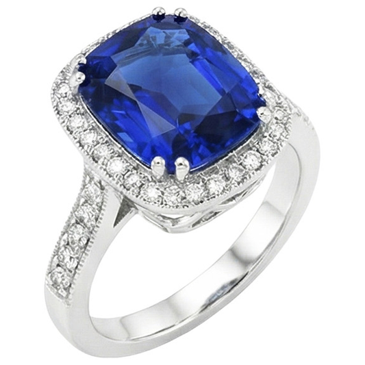 Blue Sapphire Cushion And Round Cut 4.55 Carat Natural Earth Mined Diamond ( Not Lab Grown ) s Ring WG 14K